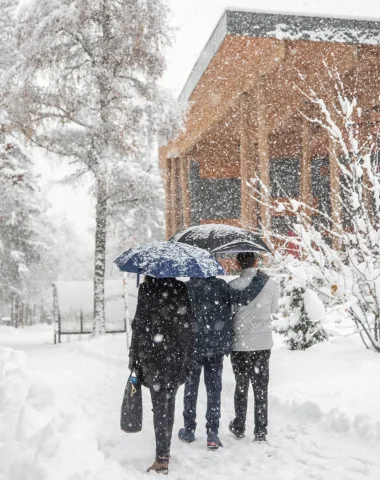 Trois personnes marchant joyeusement dans la neige, entourées d'un paysage hivernal paisible.